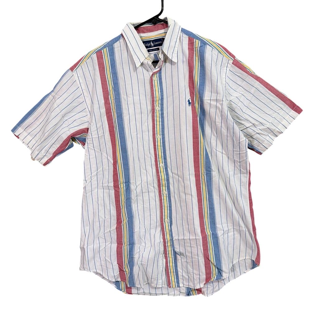 Vintage Ralph Lauren Mens Shirt White Multi Striped Button Down Short Sleeve M